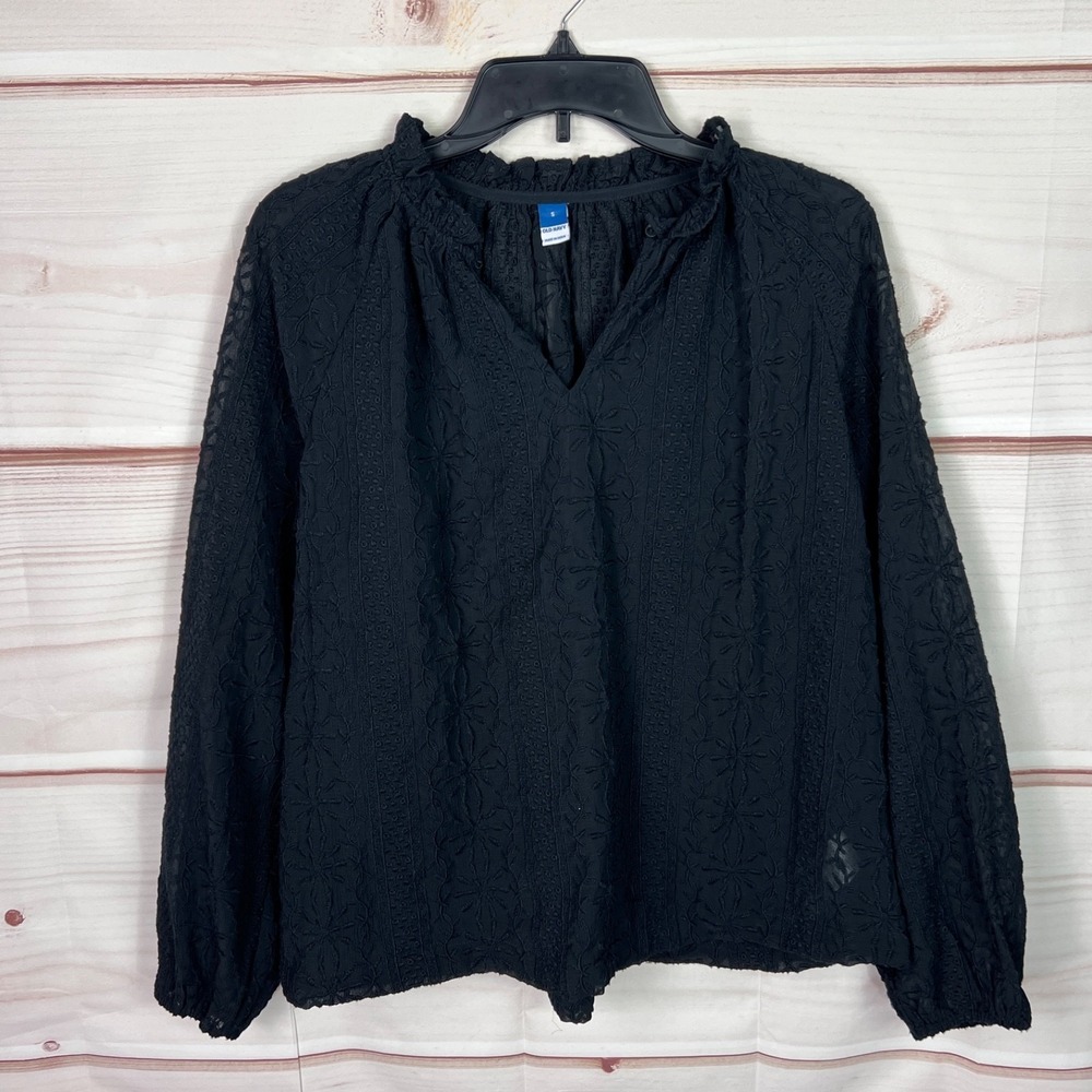 Old Navy Top Womens S Black V-Neck Blouse Semi Sheer Long Sleeve Pullover Woven